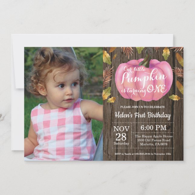 Rustic Girl Pumpkin First Birthday Invitation Pink (Front)