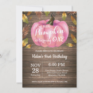 Rustic Girl Pumpkin First Birthday Invitation Pink