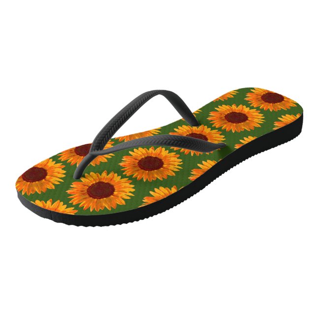 Rustic Girls Orange and Green Sunflower Pattern Flip Flops (Angled)