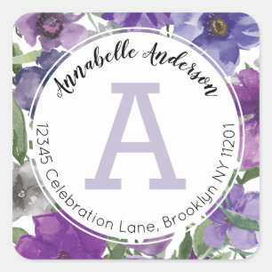 Rustic Girly Purple Watercolor Floral Monogram Square Sticker