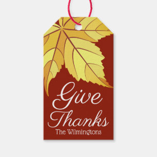 Rustic Give Thanks Yellow Fall Leaf Personalized Gift Tags