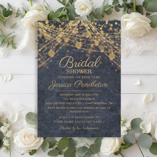 Rustic Glam Blue Gold String Lights Bridal Shower Invitation (Rustic glam navy blue and gold string lights bridal shower invitation)
