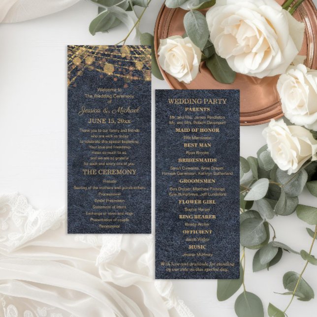 Rustic Glam Blue Gold Wedding Programme (Navy blue and gold string lights rustic glam wedding program)