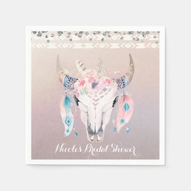 Rustic Glam Boho Floral Cow Skull Chic Party Napkin (Front)