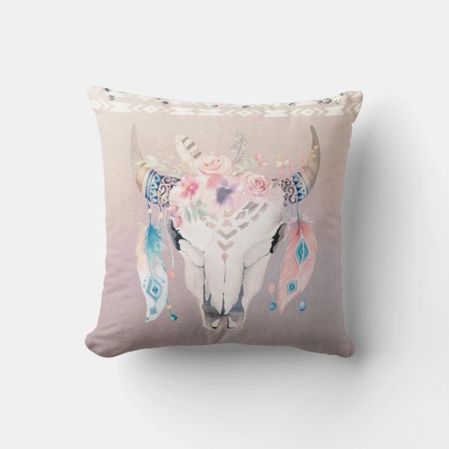 Rustic Glam Boho Floral Cow Skull & Feathers Throw Pillow (Front)