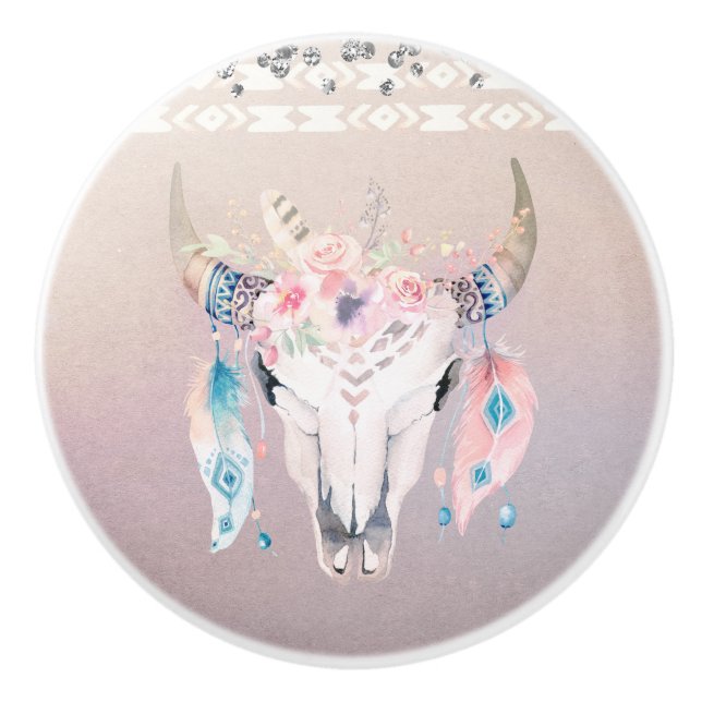 Rustic Glam Boho Floral Cow Skull Iridescent Ceramic Knob (Front)