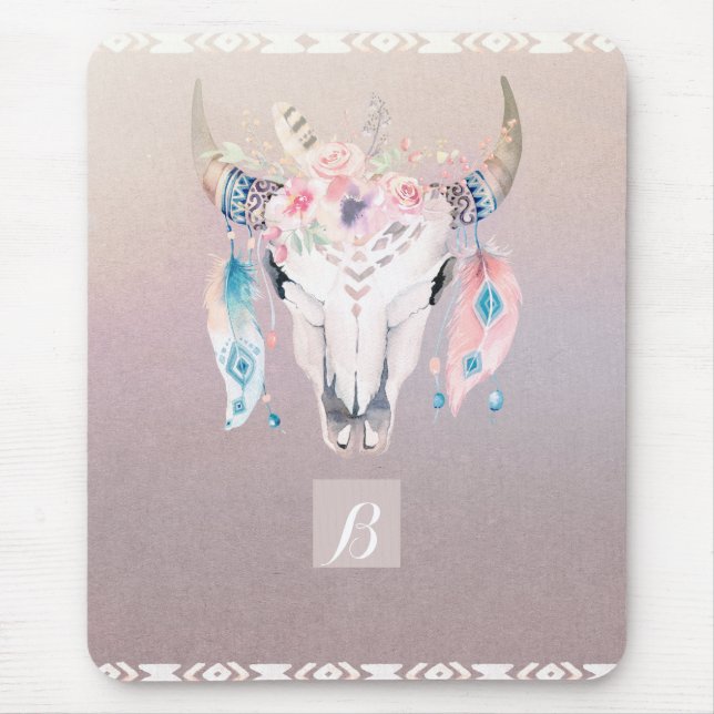 Rustic Glam Boho Floral Cow Skull Iridescent Chic Mouse Pad (Front)