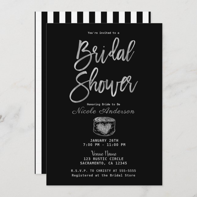 Rustic Glam Chic Silver & Stripes Bridal Shower    Invitation (Front/Back)