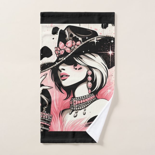 Rustic Glam Cowgirl Pink Sparkle Cowhide Print Bath Towel Set (Hand Towel)