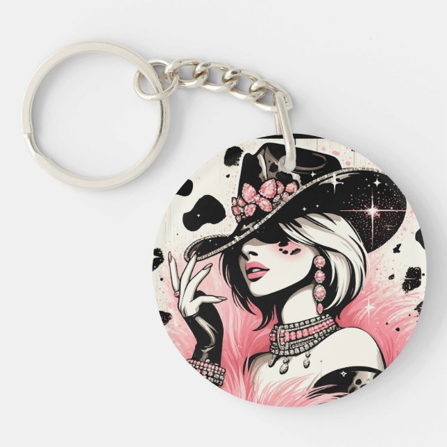 Rustic Glam Cowgirl Pink Sparkle Cowhide Print Keychain (Front)