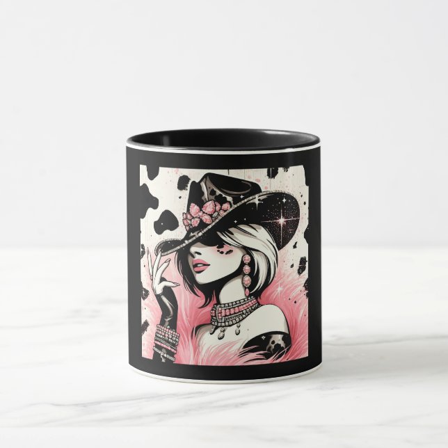 Rustic Glam Cowgirl Pink Sparkle Cowhide Print Mug (Center)