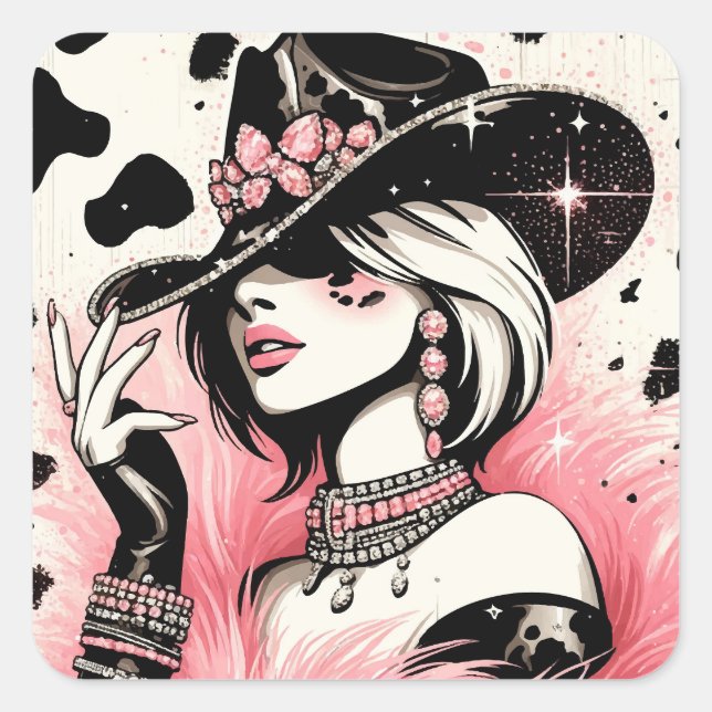 Rustic Glam Cowgirl Pink Sparkle Cowhide Print Square Sticker (Front)
