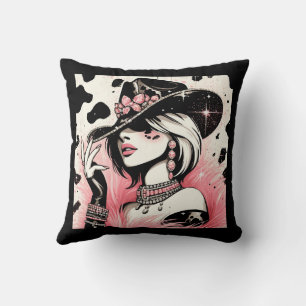 Rustic Glam Cowgirl Pink Sparkle Cowhide Print Throw Pillow