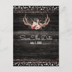 Rustic Glam Flowers & Antlers Boho Save the Date Announcement Postcard