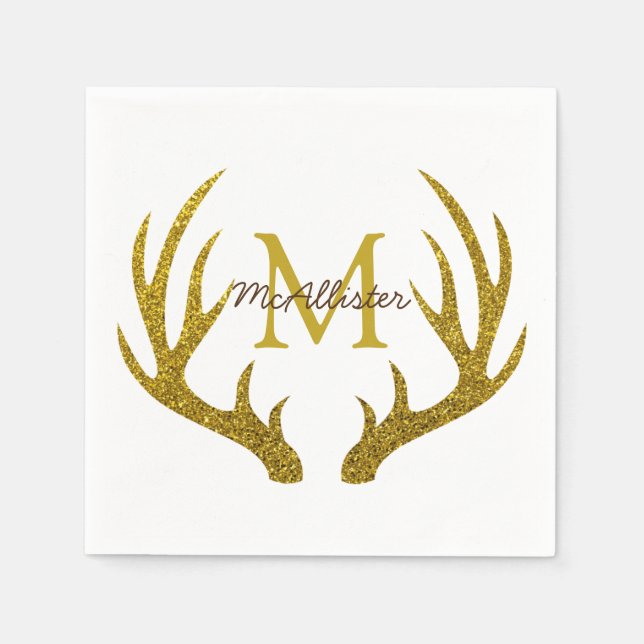 Rustic Glam Gold Faux Glitter Deer Antlers Napkin (Front)