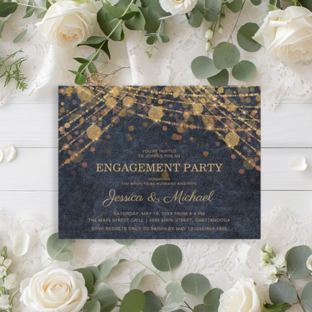 Rustic Glam Gold String Lights Engagement Party Postcard (Navy blue and gold string lights rustic glam engagement party invitation postcard)