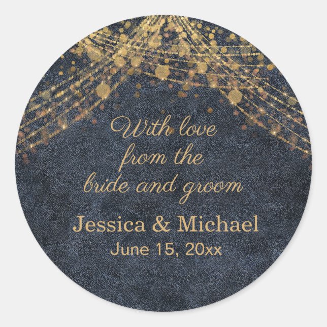 Rustic Glam Navy Blue Gold Bride Groom Classic Round Sticker (Front)