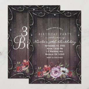 Rustic Glamour Barn Wood & Floral Birthday Party Invitation