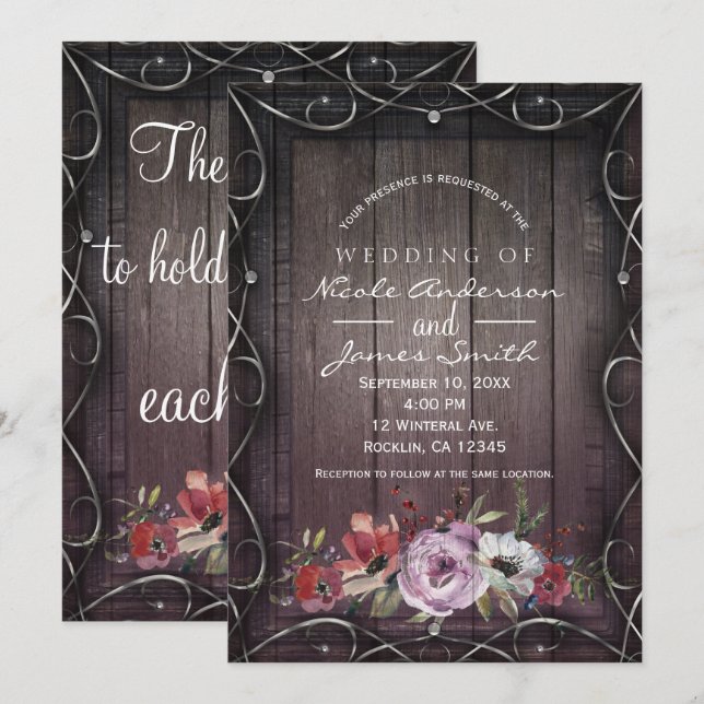 Rustic Glamour Barn Wood Flourish & Floral Wedding Invitation (Front/Back)