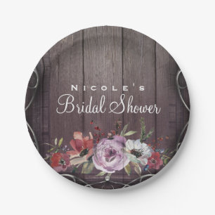 Rustic Glamour Barn Wood Flourish & Floral Wedding Paper Plate