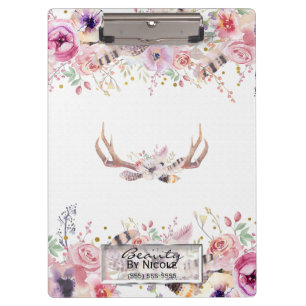 Rustic Glamour Boho Antlers Floral Personalized Clipboard