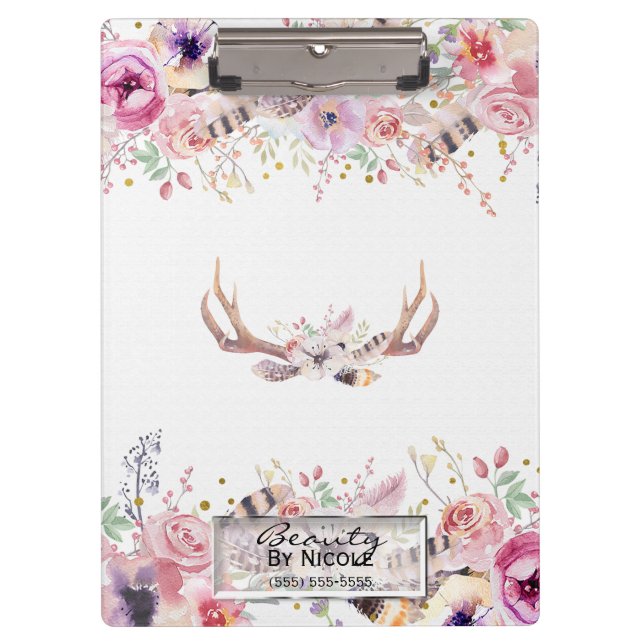 Rustic Glamour Boho Antlers Floral Personalized Clipboard (Front)