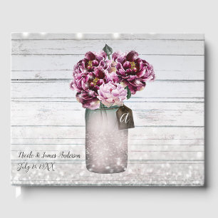 Rustic Glamour Wood & Burgundy Mason Jar Flowers Guest Book