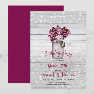 Rustic Glamour Wood & Burgundy Mason Jar Flowers Invitation