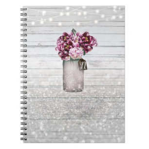 Rustic Glamour Wood & Burgundy Mason Jar Flowers Notebook