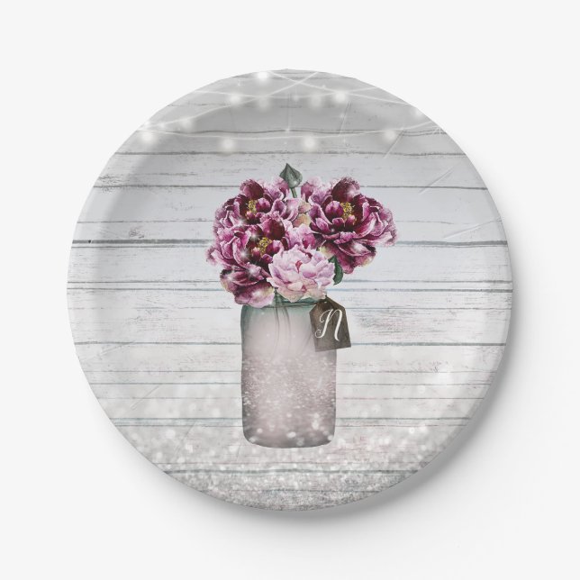Rustic Glamour Wood & Burgundy Mason Jar Flowers Paper Plate (Front)