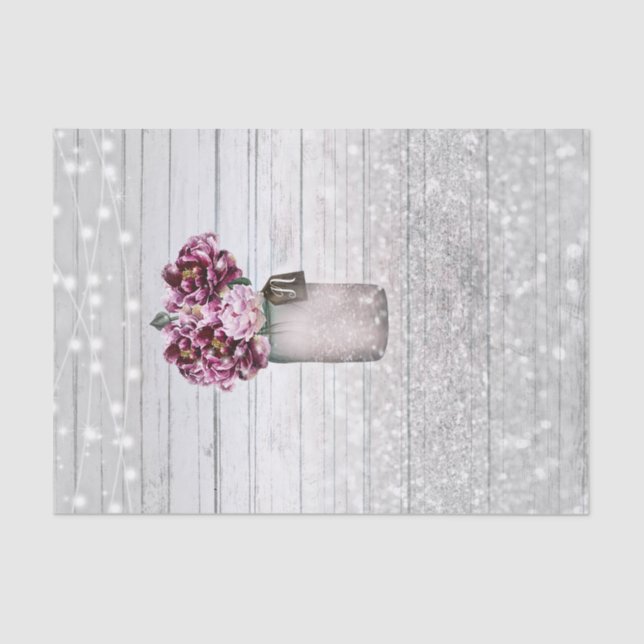 Rustic Glamour Wood & Burgundy Mason Jar Flowers Tissue Paper (Front)