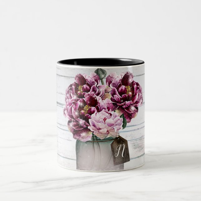 Rustic Glamour Wood & Burgundy Mason Jar Flowers Two-Tone Coffee Mug (Center)