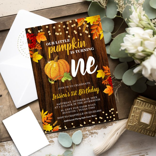 Rustic Glitter Pumpkin Fall Neutral 1st Birthday Invitation (Creator Uploaded)