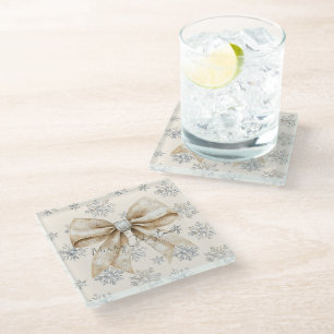 Rustic Glitzy Cream Bows Christmas Glass Coaster
