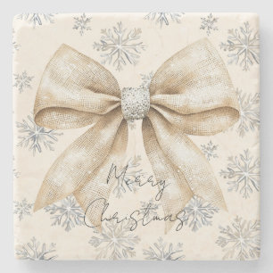 Rustic Glitzy Cream Bows Christmas Stone Coaster
