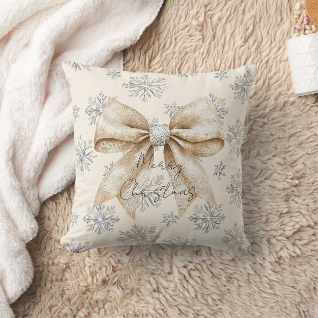 Rustic Glitzy Cream Bows Christmas   Throw Pillow (Blanket)