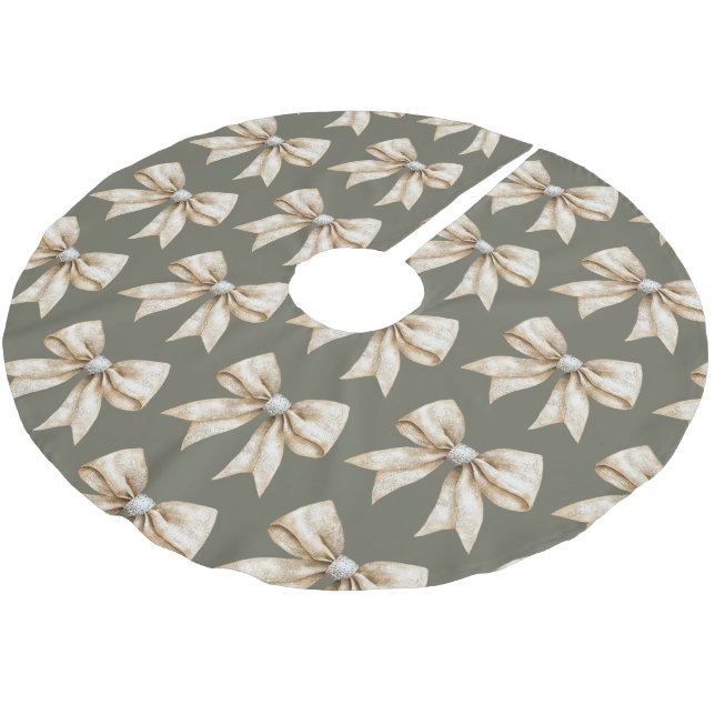 Rustic Glitzy Cream Bows Green Christmas   Brushed Polyester Tree Skirt (Angled)