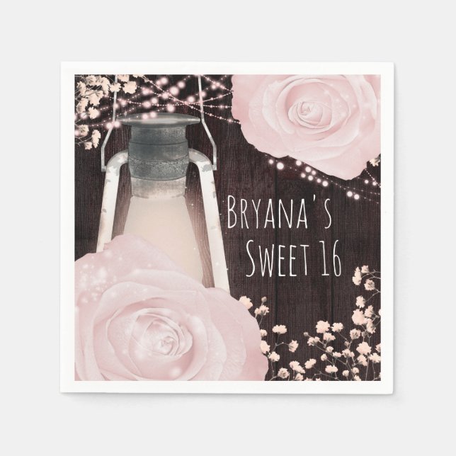 Rustic Glow Lantern Baby Pink Blush Roses Sweet 16 Napkin (Front)