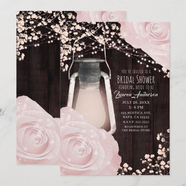 Rustic Glow Lantern Baby Pink Roses Bridal Shower Invitation (Front/Back)