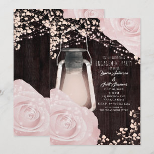 Rustic Glow Lantern Baby Pink Roses Engagement Invitation