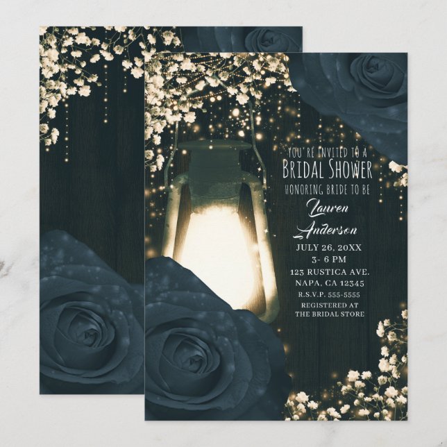 Rustic Glow Lantern Blue Black Roses Bridal Shower Invitation (Front/Back)