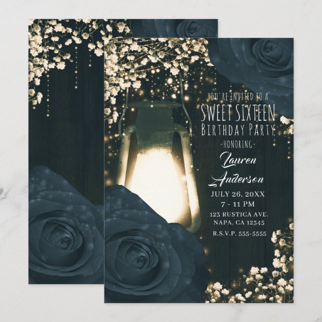 Rustic Glow Lantern & Blue Black Roses Sweet 16 Invitation (Front/Back)