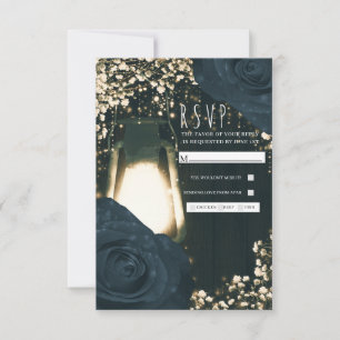Rustic Glow Lantern Blue Black Roses Wedding RSVP Card