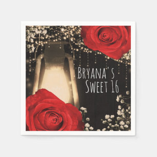 Rustic Glow Lantern Bright Red Roses Barn Wood Napkin