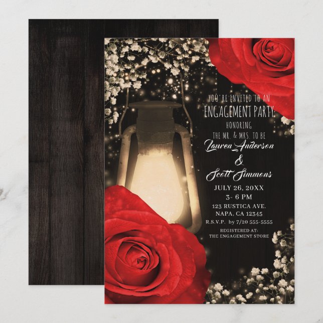 Rustic Glow Lantern Bright  Red Roses Engagement Invitation (Front/Back)