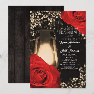 Rustic Glow Lantern Bright Red Roses Engagement Invitation