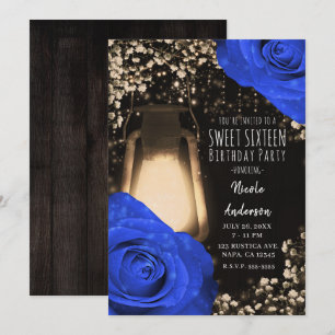 Rustic Glow Lantern & Cobalt Blue Roses Sweet 16 Invitation