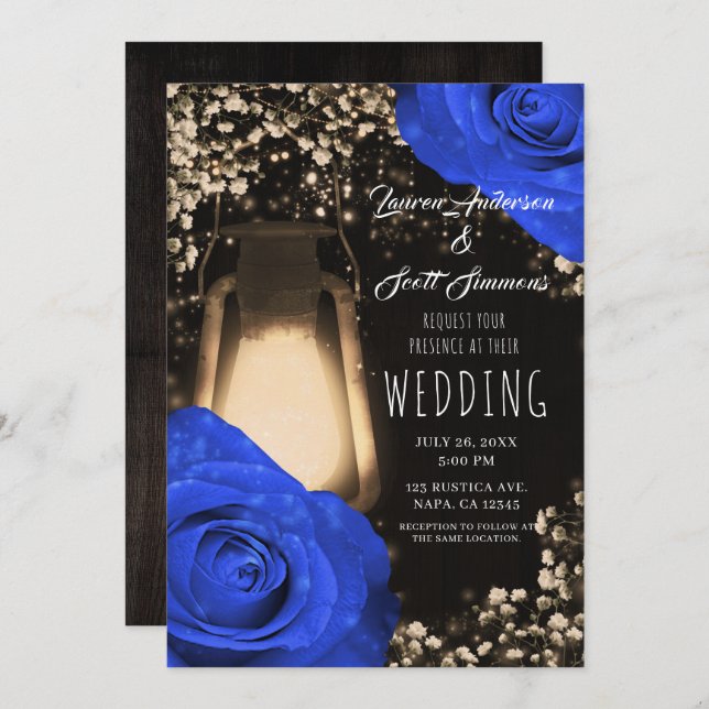 Rustic Glow Lantern & Cobalt Blue Roses Wedding Invitation (Front/Back)