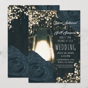Rustic Glow Lantern & Dark Blue Roses Wedding Invitation