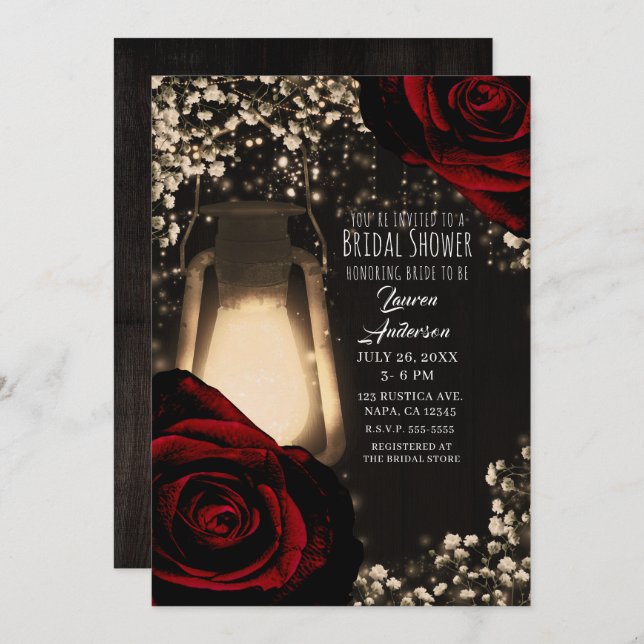 Rustic Glow Lantern & Dark Red Roses Bridal Shower Invitation (Front/Back)